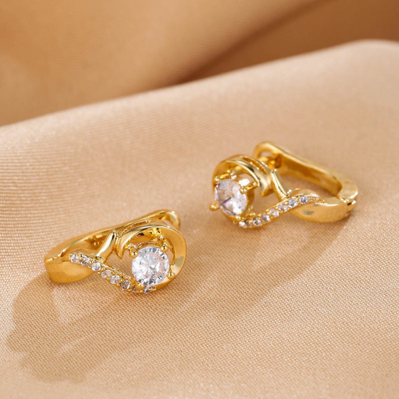 Stud Earrings For Women, Copper With White Zircon Inlay, Elegant Ear Clutches
