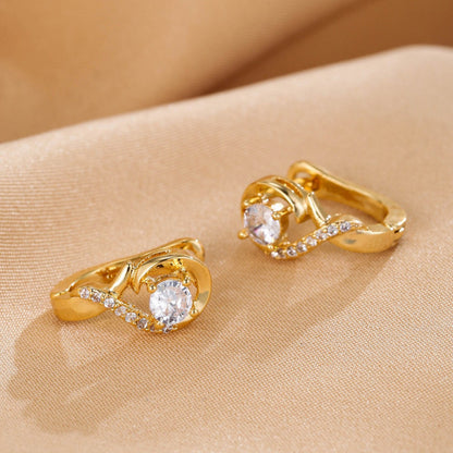 Stud Earrings For Women, Copper With White Zircon Inlay, Elegant Ear Clutches