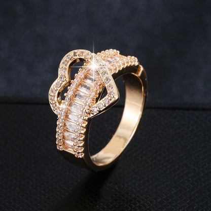 Romantic Heart Shape Open Ring For Women In Gold Copper With Zircon Inlay