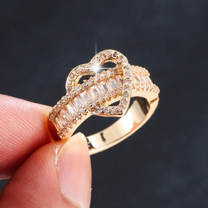 Romantic Heart Shape Open Ring For Women In Gold Copper With Zircon Inlay