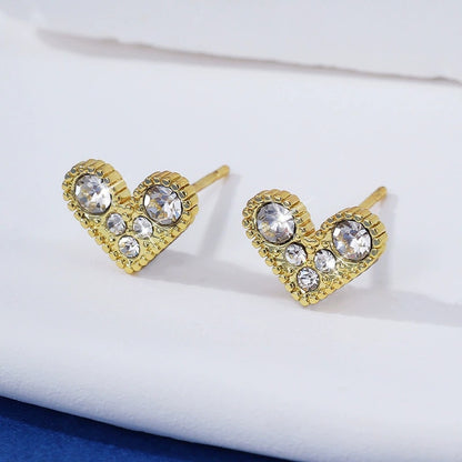Heart Shape Stud Earrings For Women Featuring Electroplated Copper Posts And Rhinestone Inlay