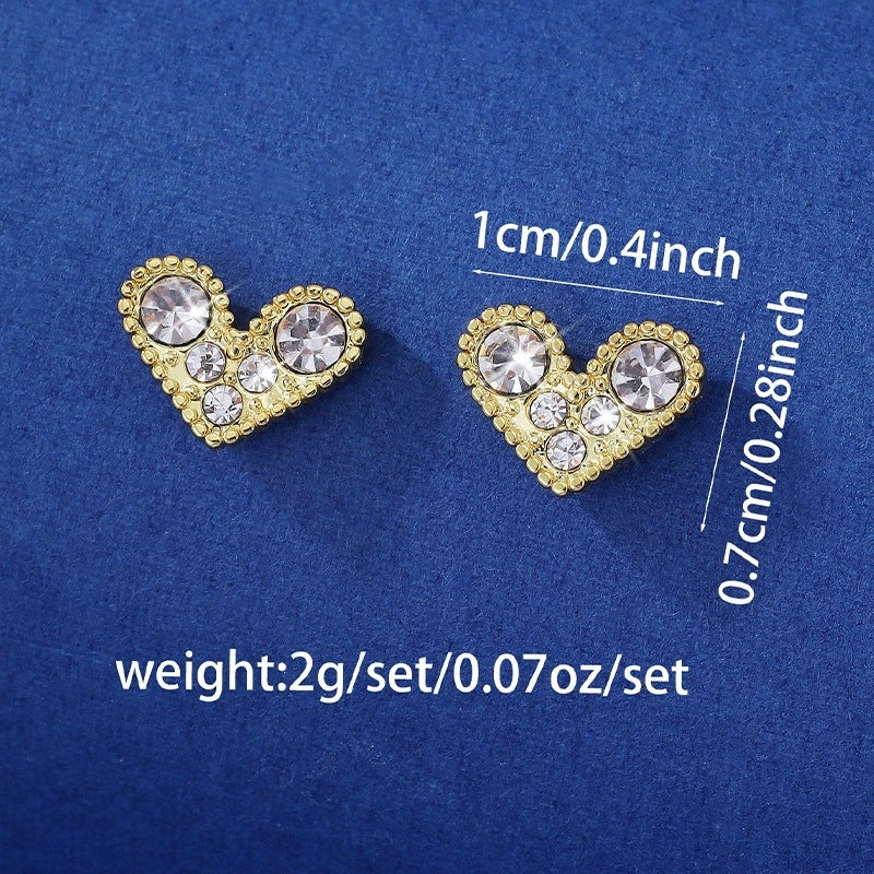 Heart Shape Stud Earrings For Women Featuring Electroplated Copper Posts And Rhinestone Inlay