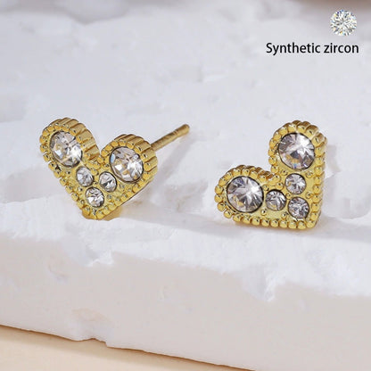 Heart Shape Stud Earrings For Women Featuring Electroplated Copper Posts And Rhinestone Inlay
