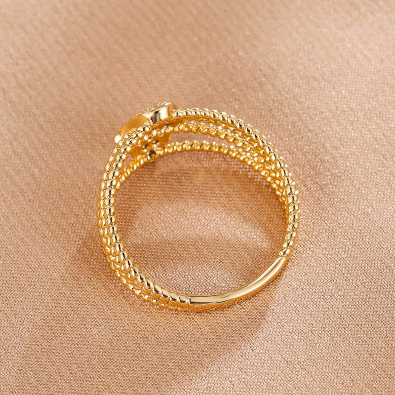 Hip-Hop Geometric Open Ring With Bezel Setting, Electroplated Copper Base And Golden Plated Finish Featuring Zircon Inlay