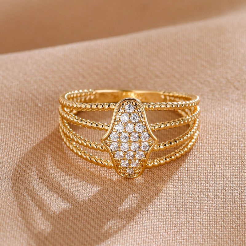 Hip-Hop Geometric Open Ring With Bezel Setting, Electroplated Copper Base And Golden Plated Finish Featuring Zircon Inlay