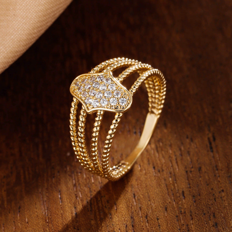 Hip-Hop Geometric Open Ring With Bezel Setting, Electroplated Copper Base And Golden Plated Finish Featuring Zircon Inlay
