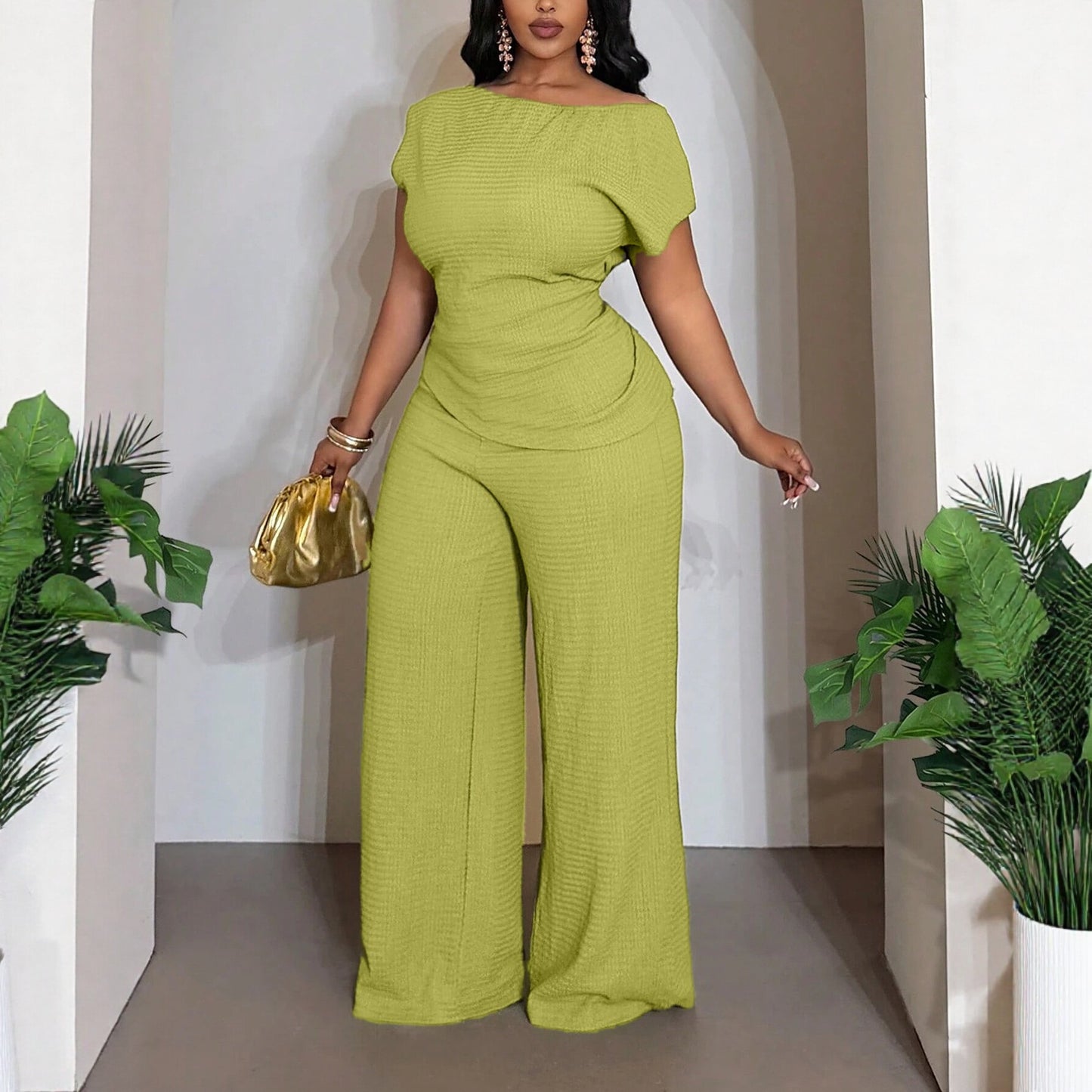 Solid Color Wide Leg Pants Pant Co-ord Set For Women In Polyester Featuring Asymmetrical Design, 2 Pieces Set For Commute