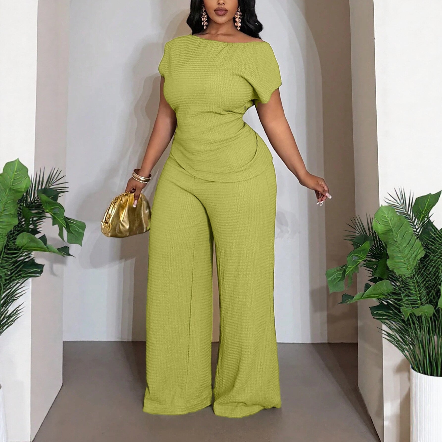 Solid Color Wide Leg Pants Pant Co-ord Set For Women In Polyester Featuring Asymmetrical Design, 2 Pieces Set For Commute