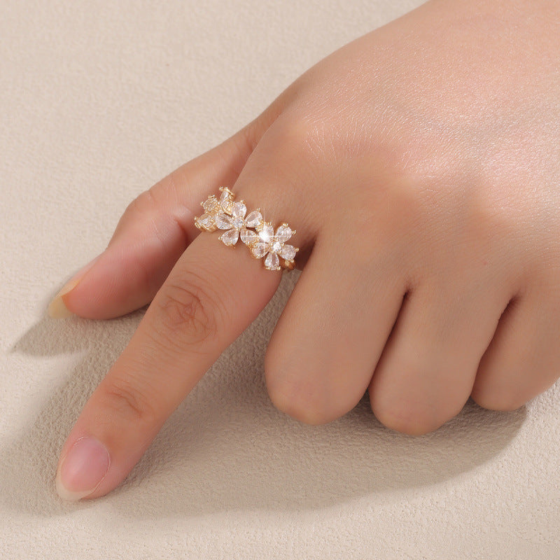 Elegant Flowers Open Ring For Women In Gold Copper With Zircon Inlay