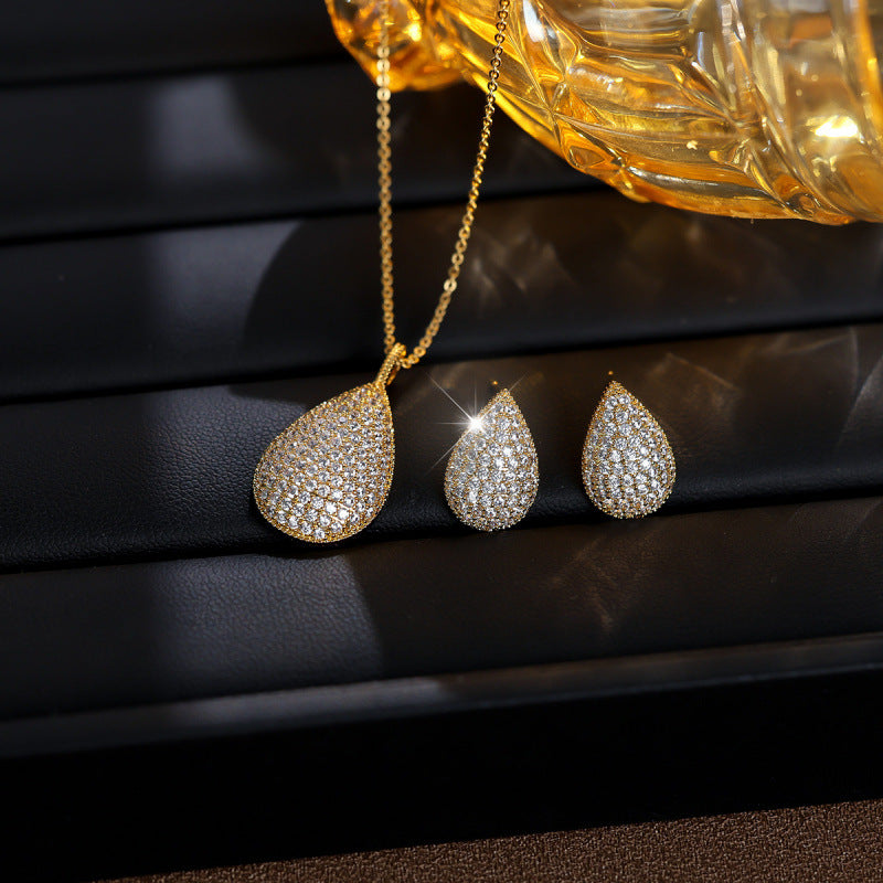 Water Droplets Jewelry Set For Women With Electroplated Brass And Zircon Inlay, Featuring Micro Super Whisper Thin Chain