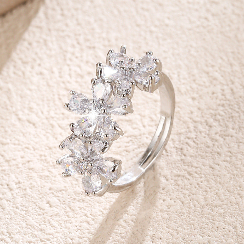 Elegant Flowers Open Ring For Women In Gold Copper With Zircon Inlay