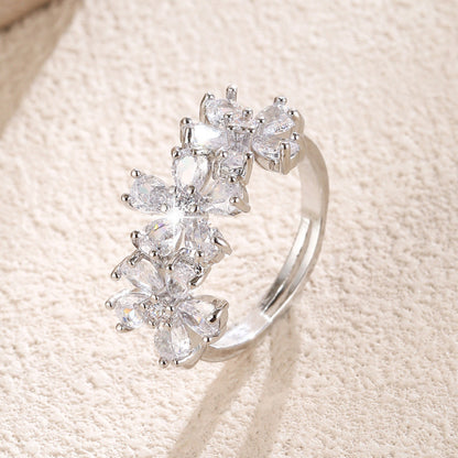 Elegant Flowers Open Ring For Women In Gold Copper With Zircon Inlay