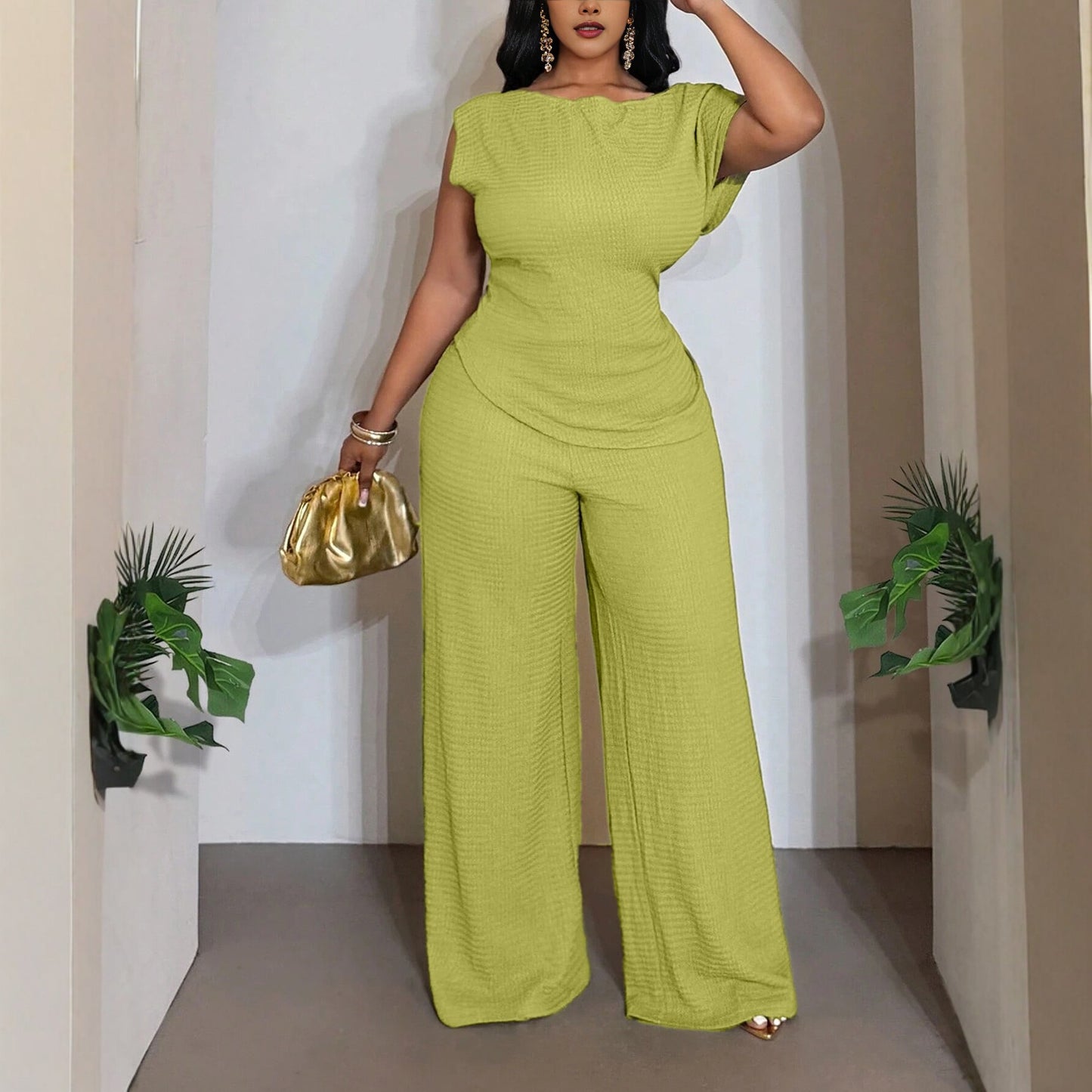 Solid Color Wide Leg Pants Pant Co-ord Set For Women In Polyester Featuring Asymmetrical Design, 2 Pieces Set For Commute