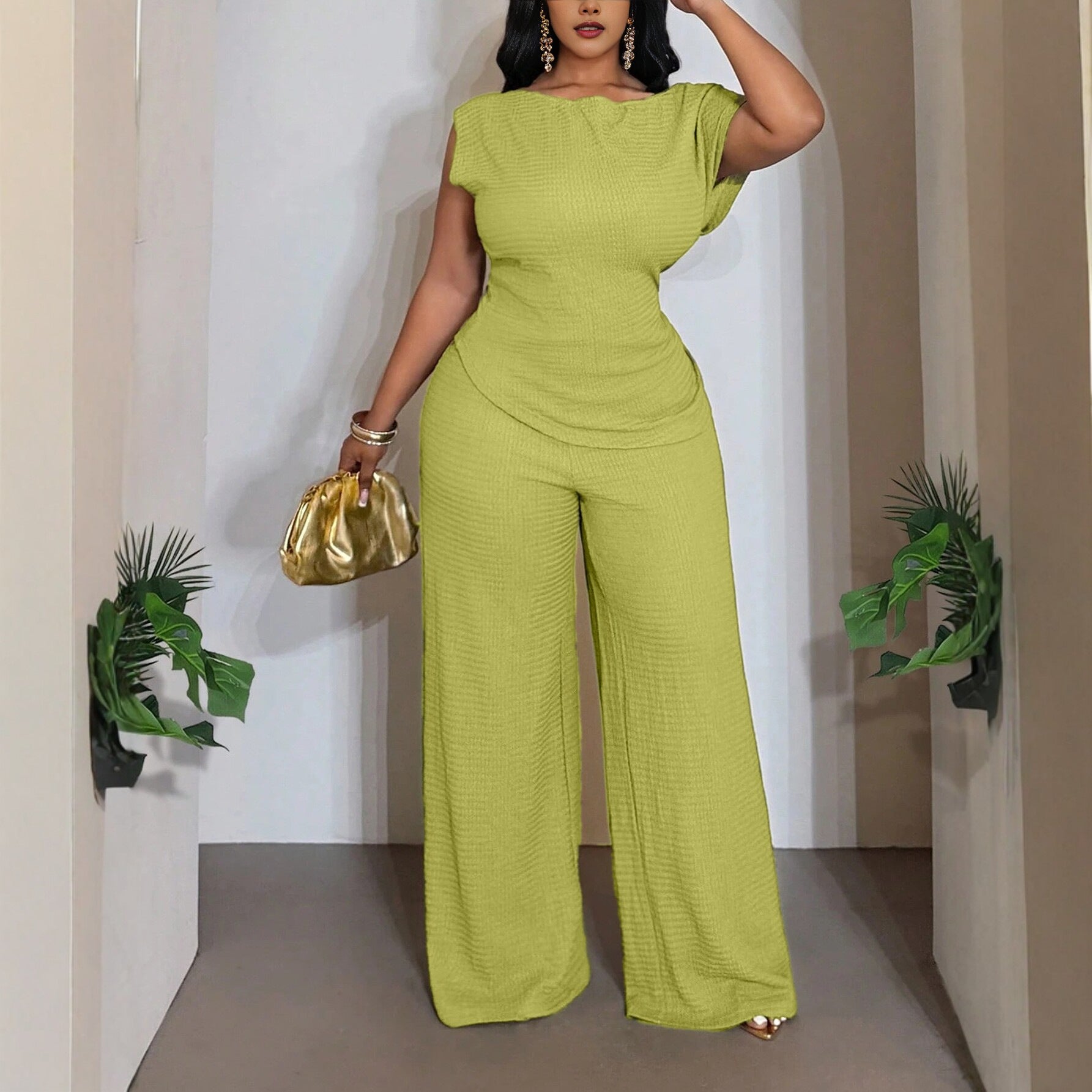 Solid Color Wide Leg Pants Pant Co-ord Set For Women In Polyester Featuring Asymmetrical Design, 2 Pieces Set For Commute