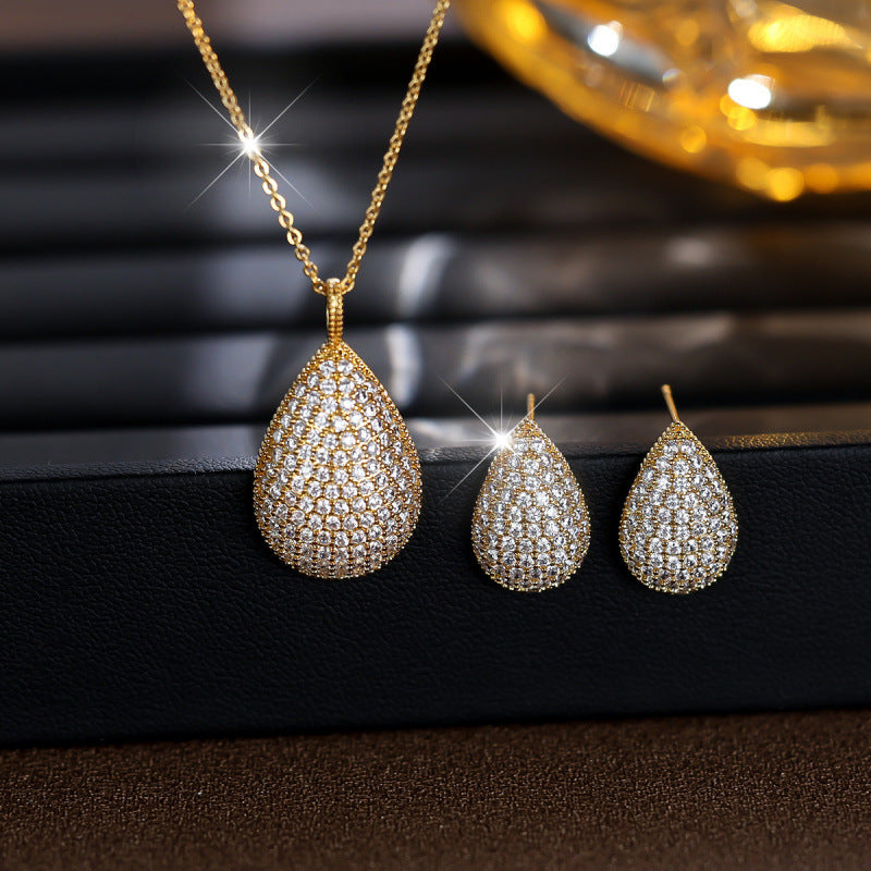 Water Droplets Jewelry Set For Women With Electroplated Brass And Zircon Inlay, Featuring Micro Super Whisper Thin Chain