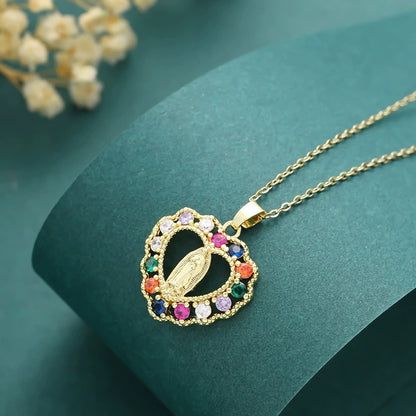 Virgin Mary Religious Necklace For Women Featuring Copper Pendant With Zircon Inlay On Cable Chain