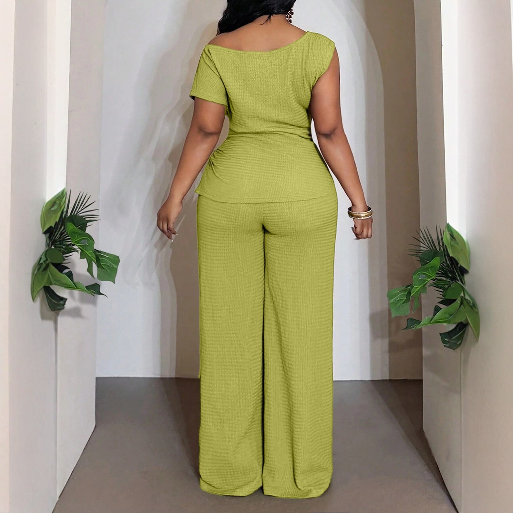 Solid Color Wide Leg Pants Pant Co-ord Set For Women In Polyester Featuring Asymmetrical Design, 2 Pieces Set For Commute
