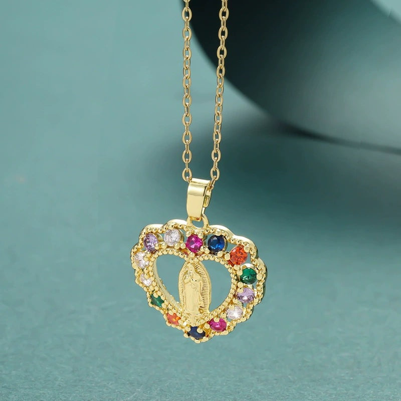 Virgin Mary Religious Necklace For Women Featuring Copper Pendant With Zircon Inlay On Cable Chain