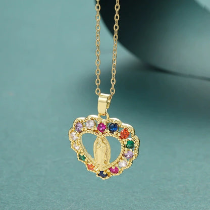Virgin Mary Religious Necklace For Women Featuring Copper Pendant With Zircon Inlay On Cable Chain
