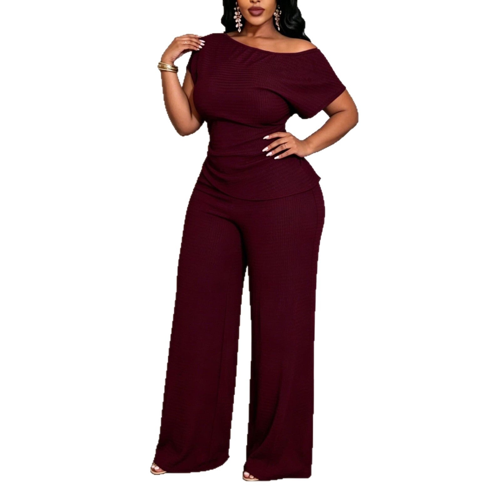 Solid Color Wide Leg Pants Pant Co-ord Set For Women In Polyester Featuring Asymmetrical Design, 2 Pieces Set For Commute