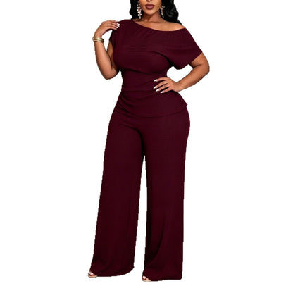 Solid Color Wide Leg Pants Pant Co-ord Set For Women In Polyester Featuring Asymmetrical Design, 2 Pieces Set For Commute