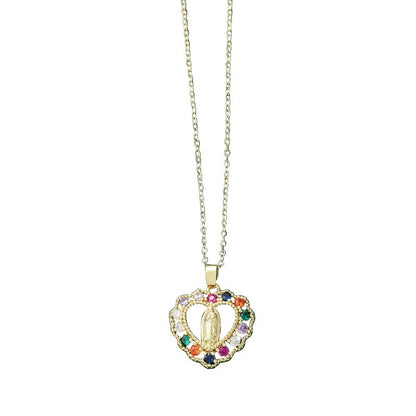 Virgin Mary Religious Necklace For Women Featuring Copper Pendant With Zircon Inlay On Cable Chain