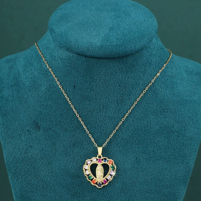 Virgin Mary Religious Necklace For Women Featuring Copper Pendant With Zircon Inlay On Cable Chain