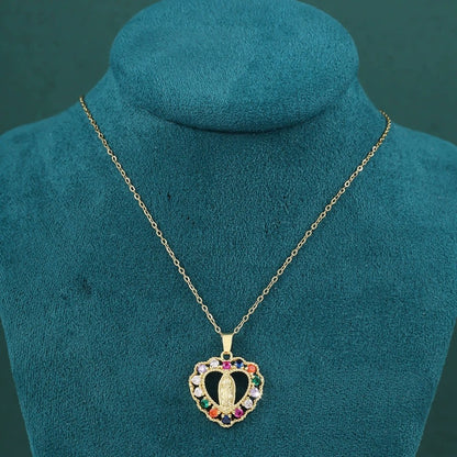 Virgin Mary Religious Necklace For Women Featuring Copper Pendant With Zircon Inlay On Cable Chain
