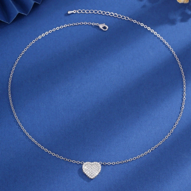 Heart Shape Silver Necklace For Women With Copper Pendant And Zircon Inlay On Cable Chain