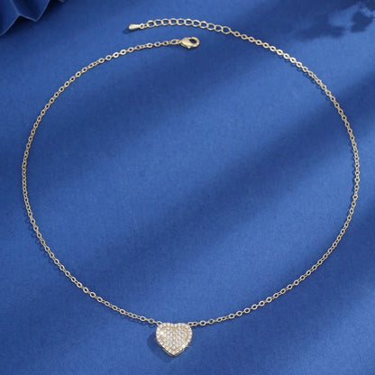 Heart Shape Silver Necklace For Women With Copper Pendant And Zircon Inlay On Cable Chain