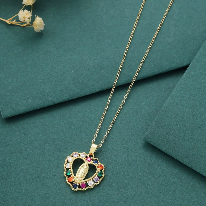 Virgin Mary Religious Necklace For Women Featuring Copper Pendant With Zircon Inlay On Cable Chain