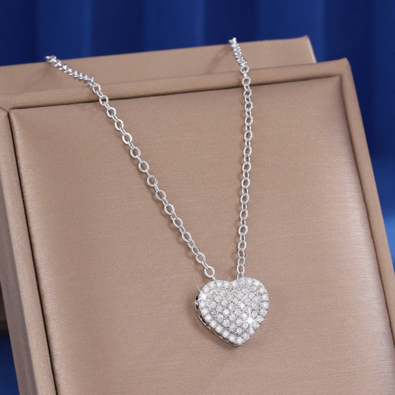 Heart Shape Silver Necklace For Women With Copper Pendant And Zircon Inlay On Cable Chain