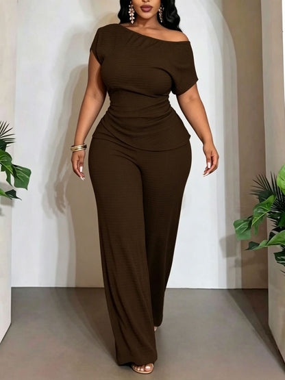 Solid Color Wide Leg Pants Pant Co-ord Set For Women In Polyester Featuring Asymmetrical Design, 2 Pieces Set For Commute