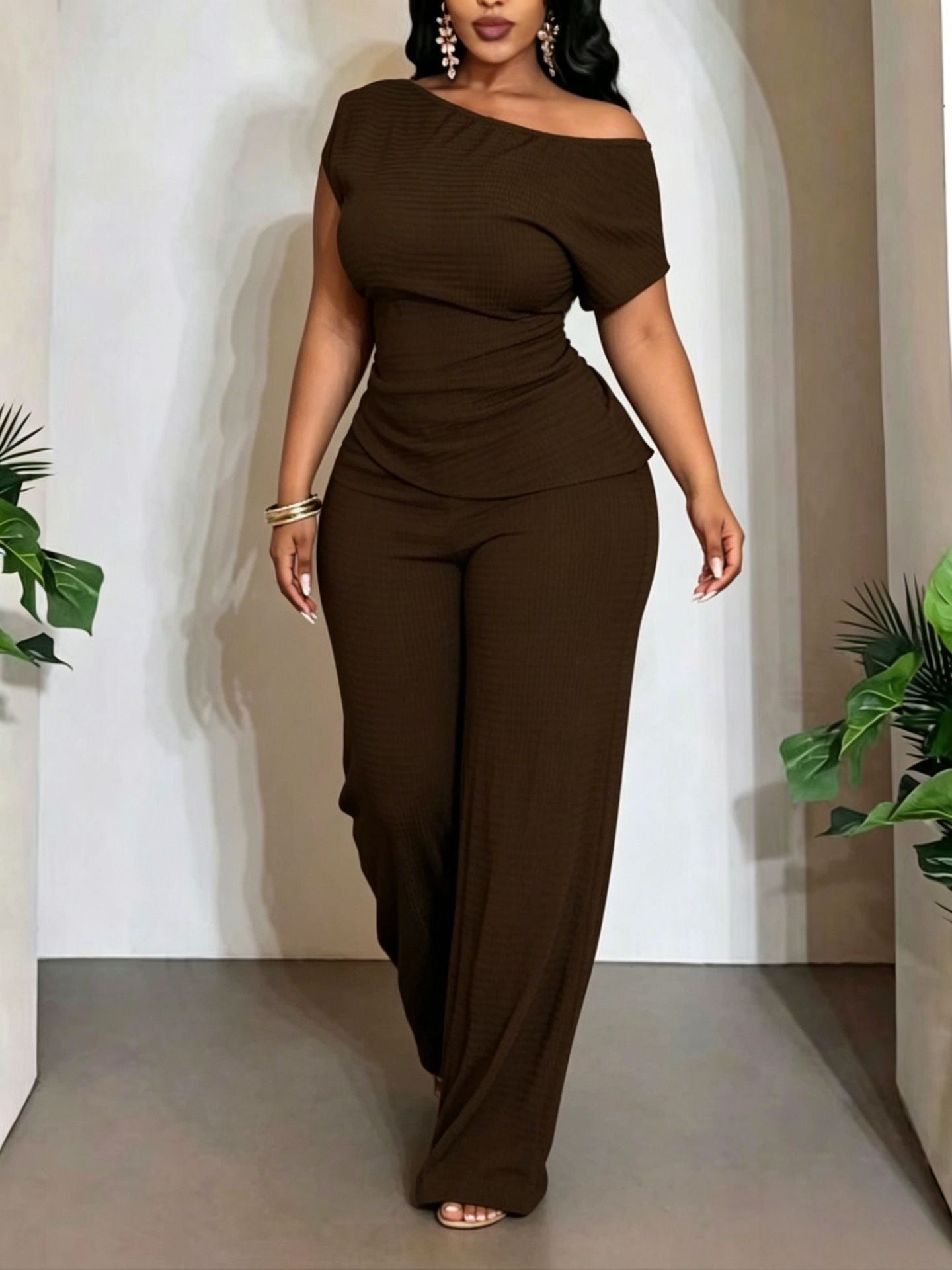 Solid Color Wide Leg Pants Pant Co-ord Set For Women In Polyester Featuring Asymmetrical Design, 2 Pieces Set For Commute