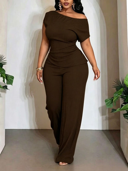 Solid Color Wide Leg Pants Pant Co-ord Set For Women In Polyester Featuring Asymmetrical Design, 2 Pieces Set For Commute