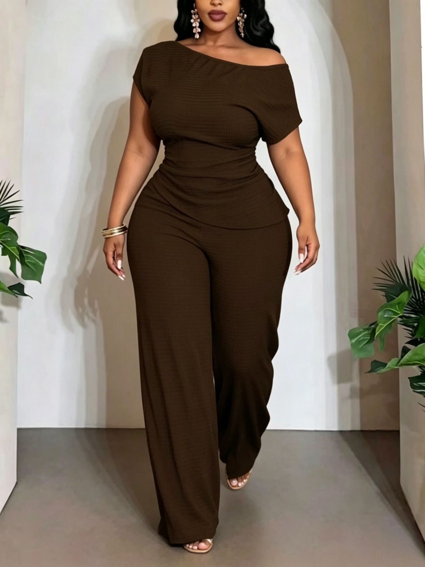 Solid Color Wide Leg Pants Pant Co-ord Set For Women In Polyester Featuring Asymmetrical Design, 2 Pieces Set For Commute