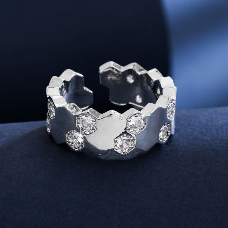 Honeycomb Open Rings For Women In Copper With Zircon Inlay, Available In Gold