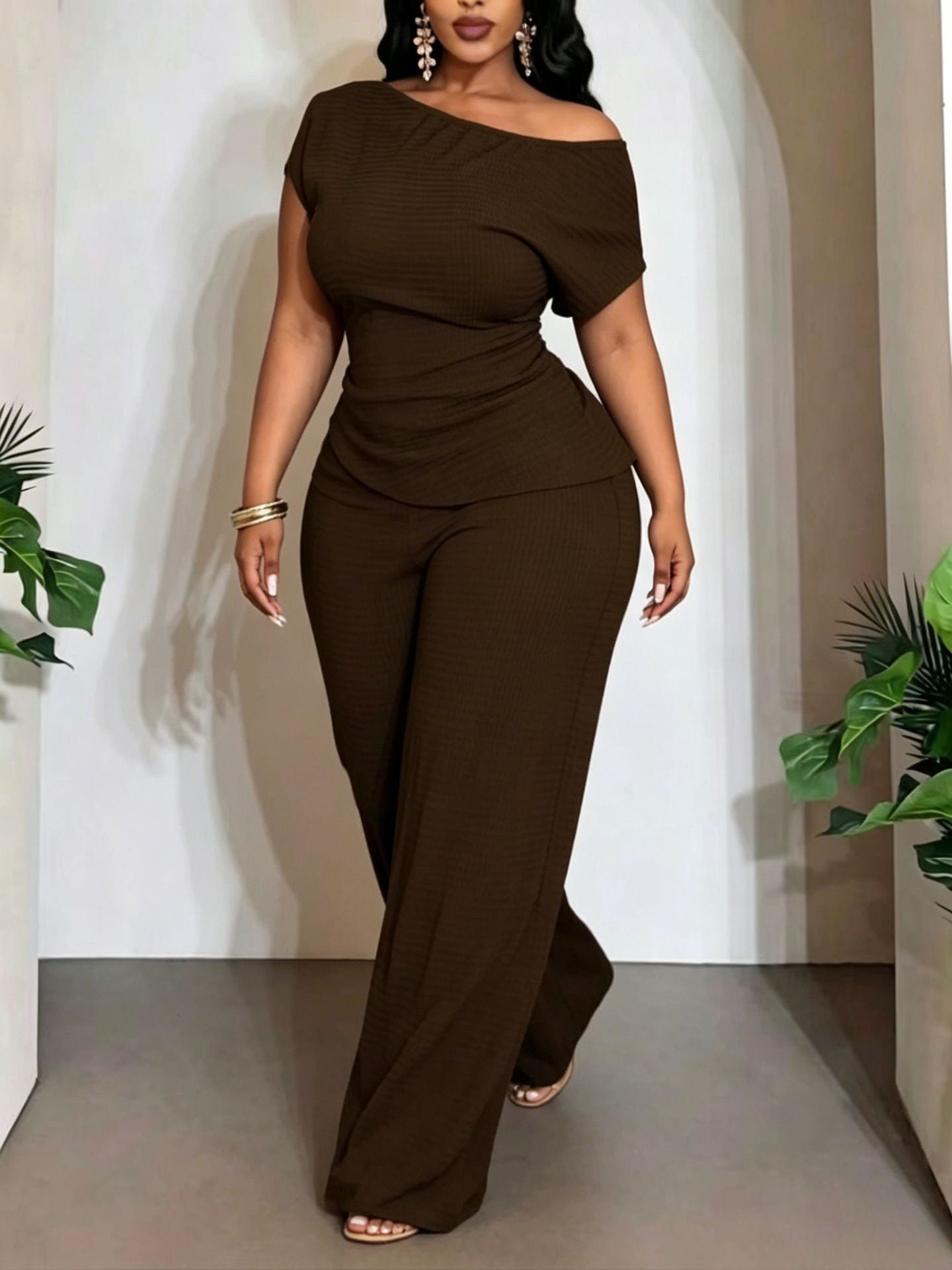 Solid Color Wide Leg Pants Pant Co-ord Set For Women In Polyester Featuring Asymmetrical Design, 2 Pieces Set For Commute