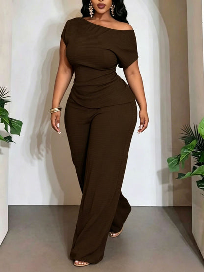 Solid Color Wide Leg Pants Pant Co-ord Set For Women In Polyester Featuring Asymmetrical Design, 2 Pieces Set For Commute
