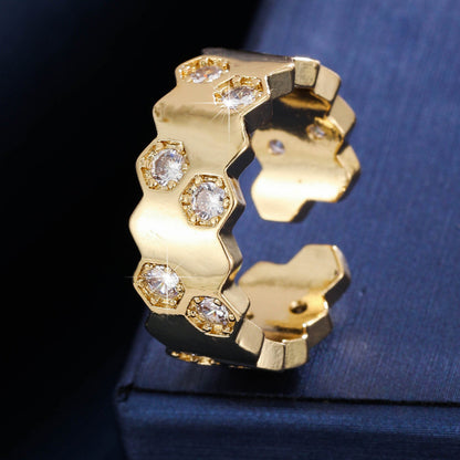 Honeycomb Open Rings For Women In Copper With Zircon Inlay, Available In Gold