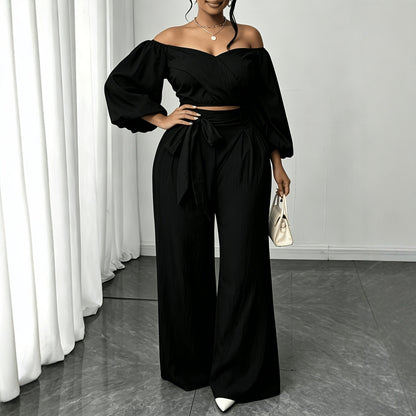 Solid Color Nylon Straight Pants Pant Co-ord Set For Women In Simple Style With Tie Closure And Straps