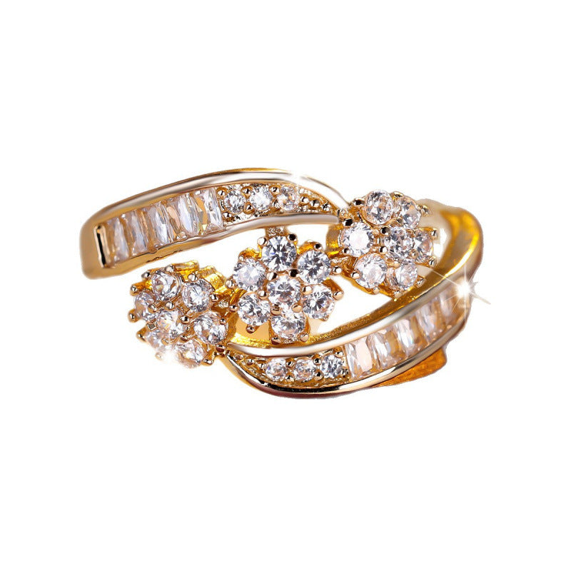 Elegant Flowers Copper Ring For Women With Zircon Inlay In Gold