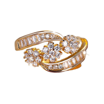 Elegant Flowers Copper Ring For Women With Zircon Inlay In Gold
