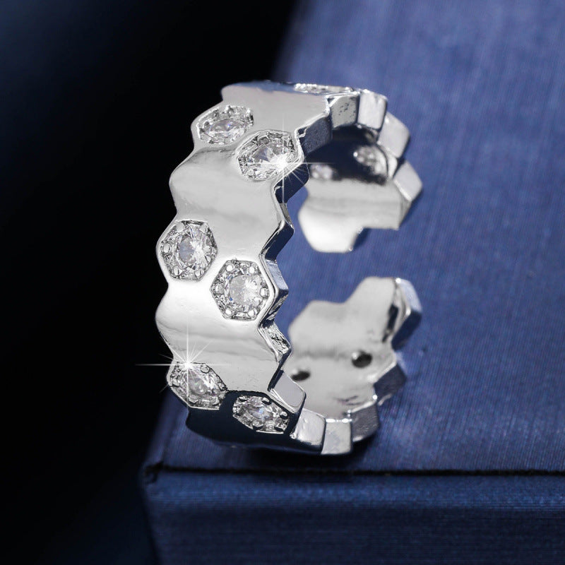 Honeycomb Open Rings For Women In Copper With Zircon Inlay, Available In Gold