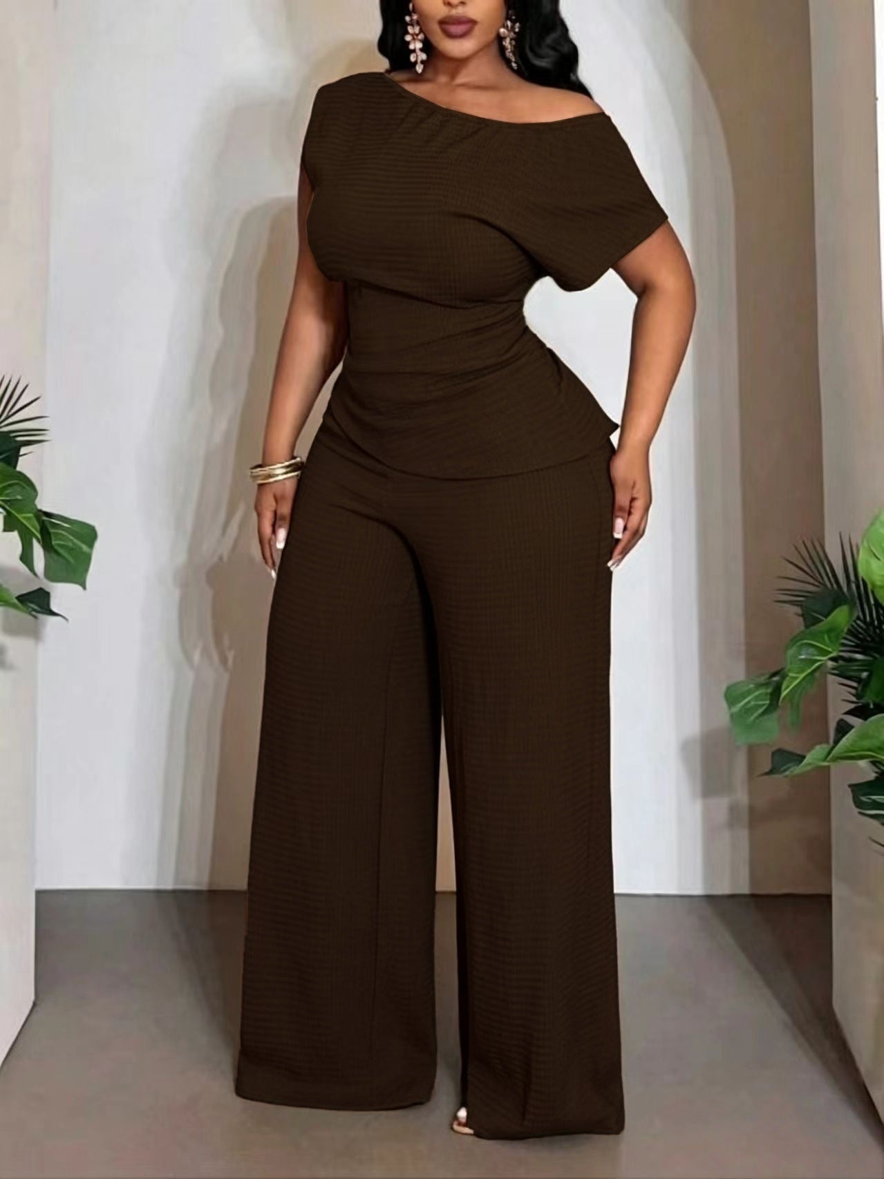 Solid Color Wide Leg Pants Pant Co-ord Set For Women In Polyester Featuring Asymmetrical Design, 2 Pieces Set For Commute