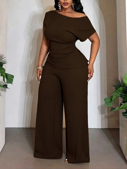 Solid Color Wide Leg Pants Pant Co-ord Set For Women In Polyester Featuring Asymmetrical Design, 2 Pieces Set For Commute