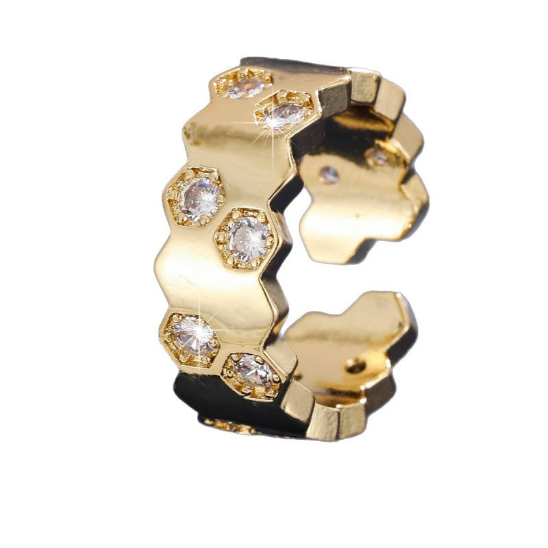 Honeycomb Open Rings For Women In Copper With Zircon Inlay, Available In Gold