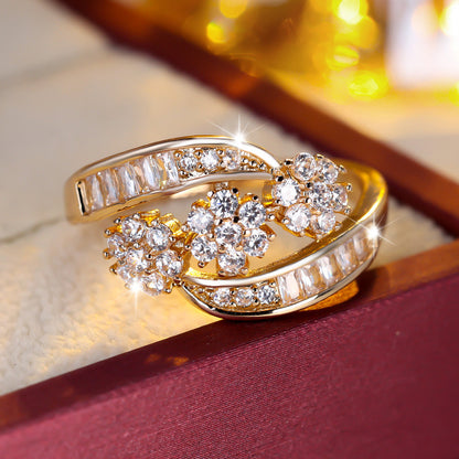 Elegant Flowers Copper Ring For Women With Zircon Inlay In Gold