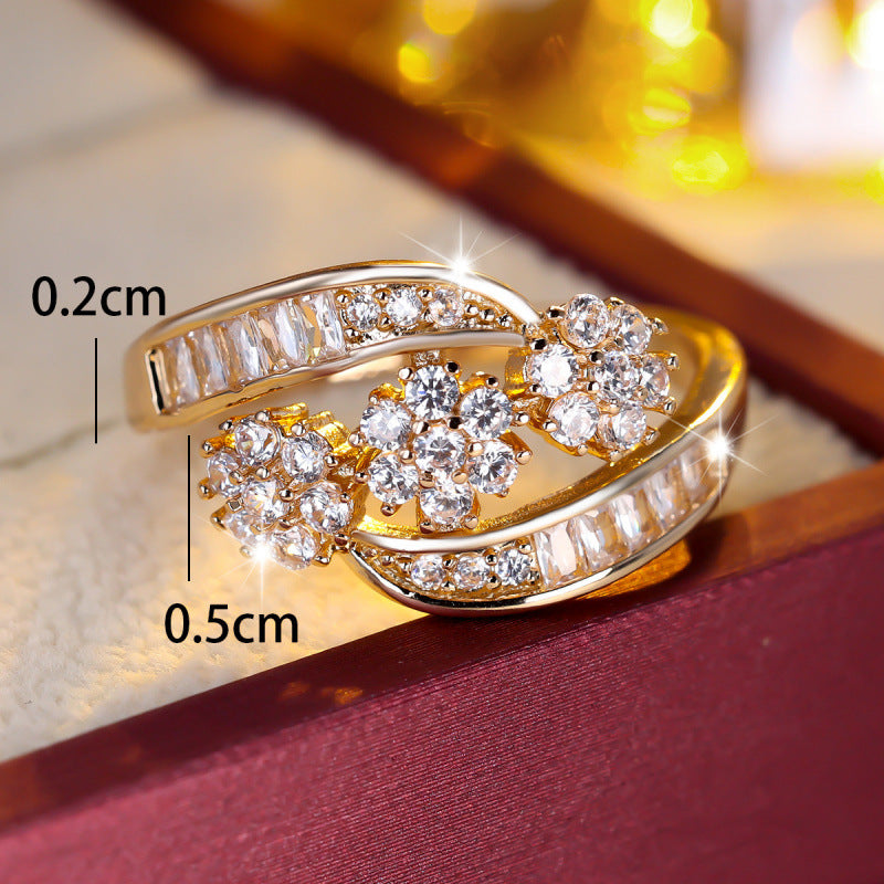 Elegant Flowers Copper Ring For Women With Zircon Inlay In Gold