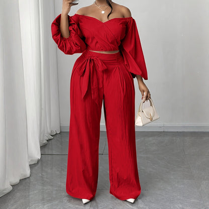 Solid Color Nylon Straight Pants Pant Co-ord Set For Women In Simple Style With Tie Closure And Straps